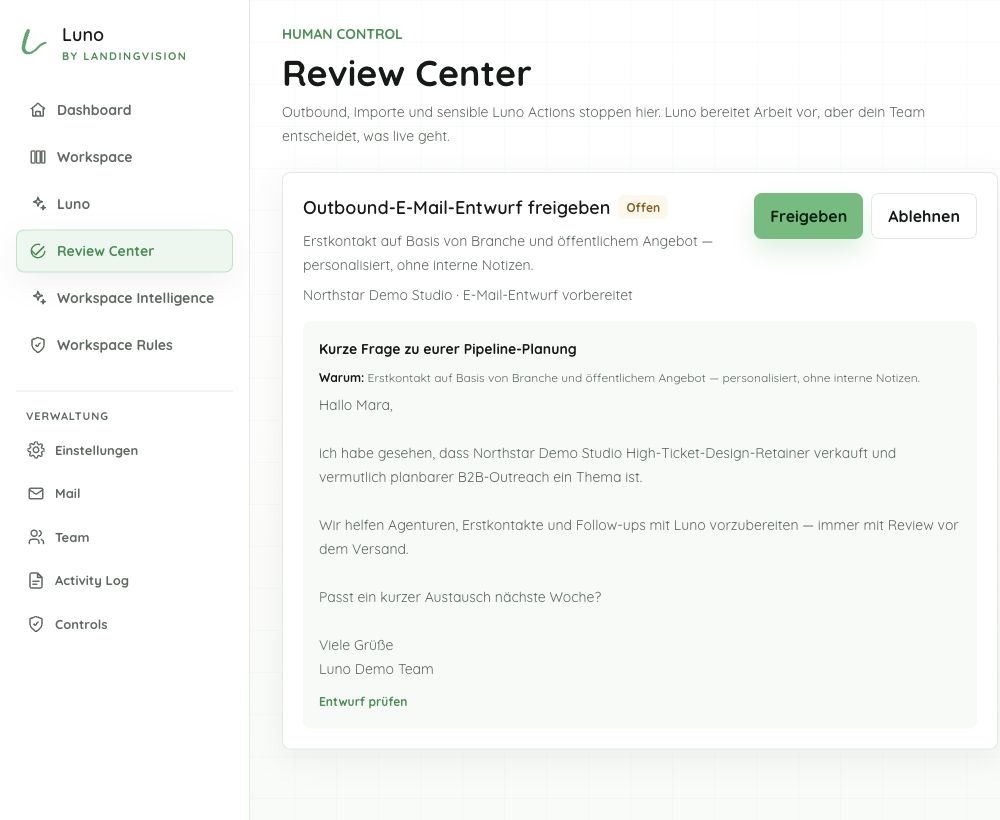 Echtes Luno Review Center mit E-Mail-Entwurf und Freigabe